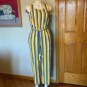 Fun Cropped Jumpsuit. Yellow/White/Blue Stripes.  Size S. By Kori.